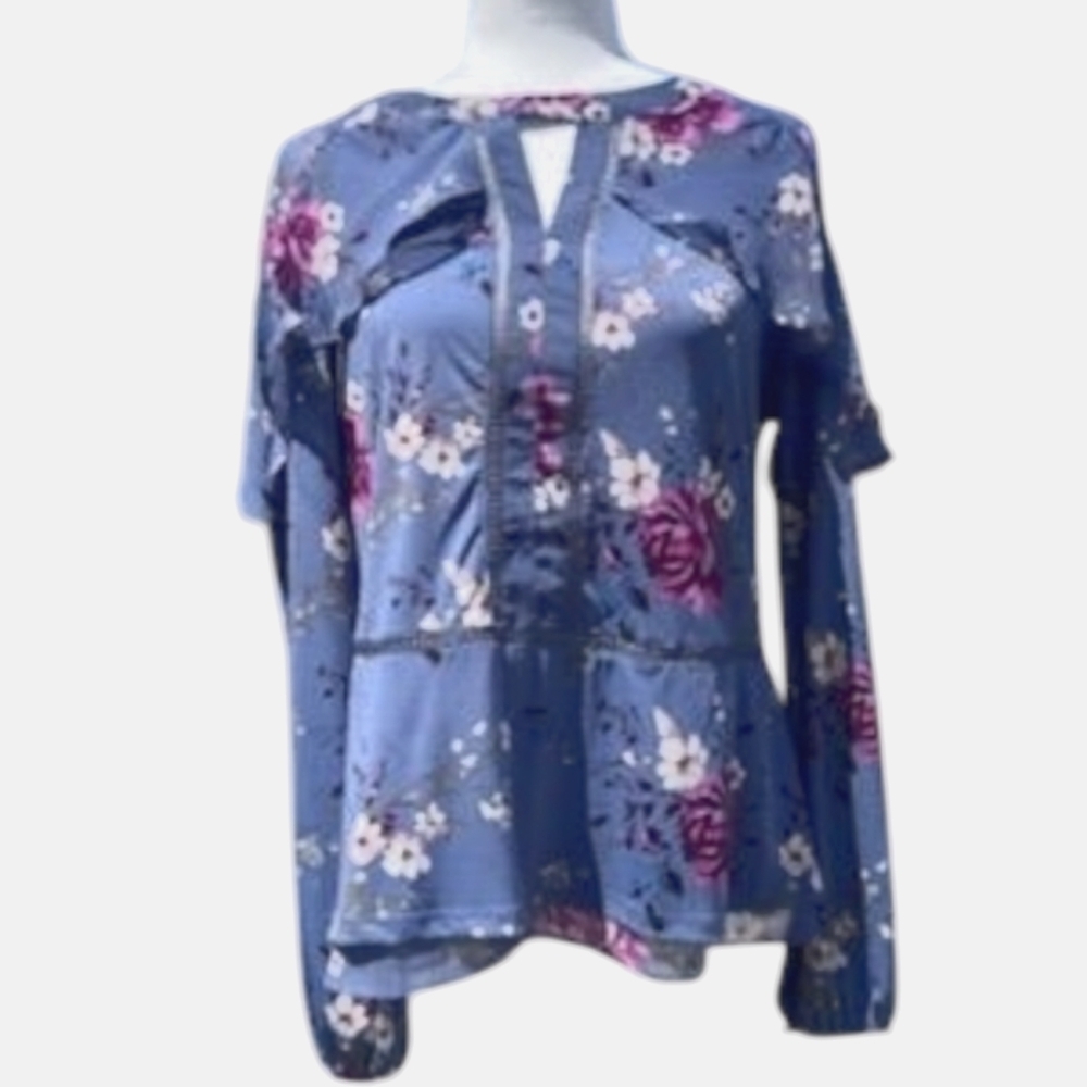 White House Black Market Slate Floral Blouse Long Tiered Sleeves